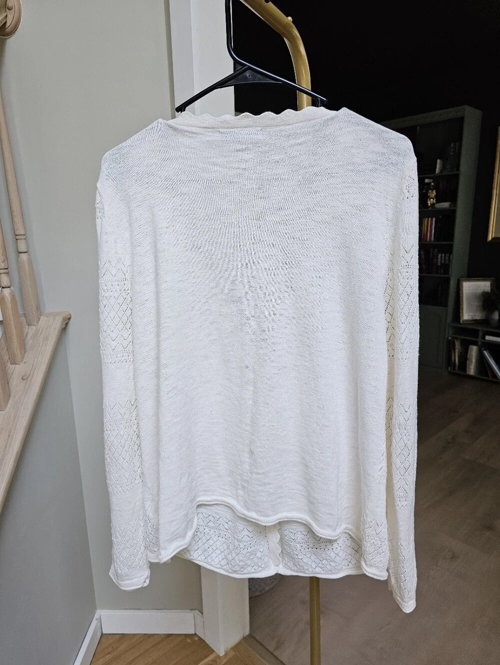 Frye Ivory Pointelle Cotton Cardigan Sweater Scalloped Hem Button Up XL